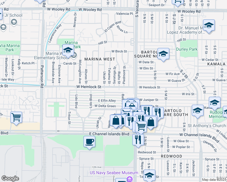 map of restaurants, bars, coffee shops, grocery stores, and more near 233 East Garden Green in Port Hueneme