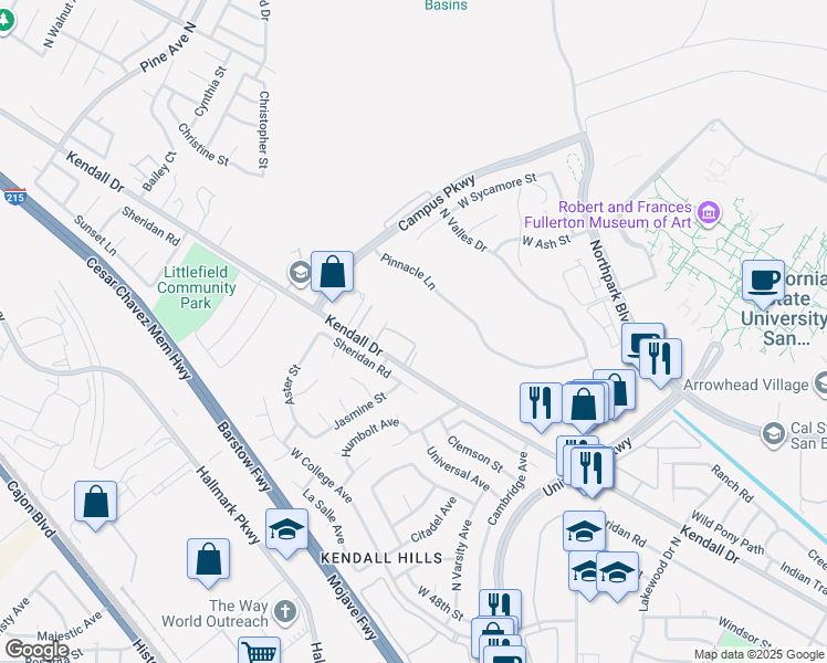 map of restaurants, bars, coffee shops, grocery stores, and more near 2196 Kendall Drive in San Bernardino