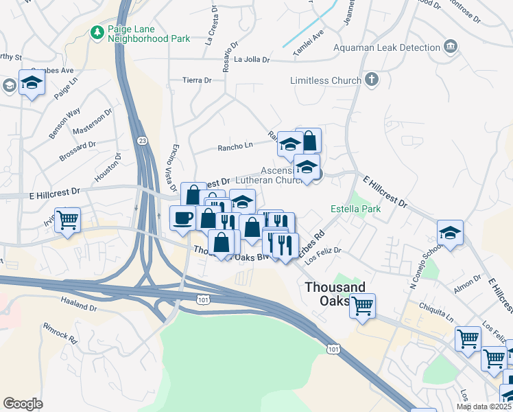 map of restaurants, bars, coffee shops, grocery stores, and more near 1382 E Hillcrest Dr in Thousand Oaks