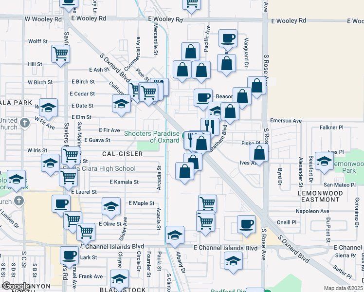 map of restaurants, bars, coffee shops, grocery stores, and more near 1881 Sunkist Circle in Oxnard