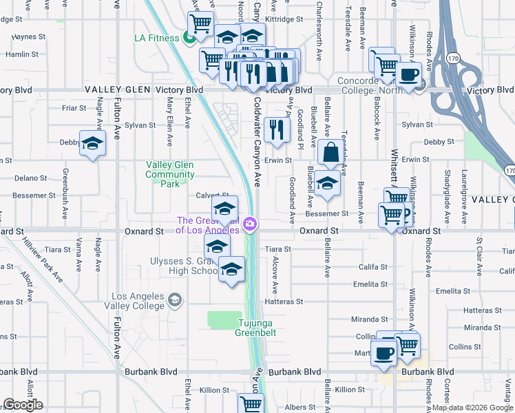 map of restaurants, bars, coffee shops, grocery stores, and more near 12921 Aetna Street in Los Angeles