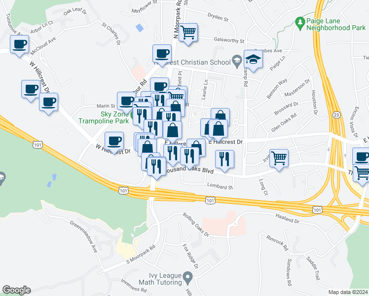 map of restaurants, bars, coffee shops, grocery stores, and more near 190 East Hillcrest Drive in Thousand Oaks