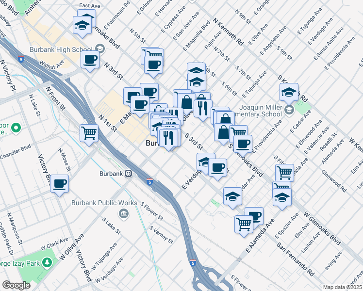 map of restaurants, bars, coffee shops, grocery stores, and more near 201 East Angeleno Avenue in Burbank