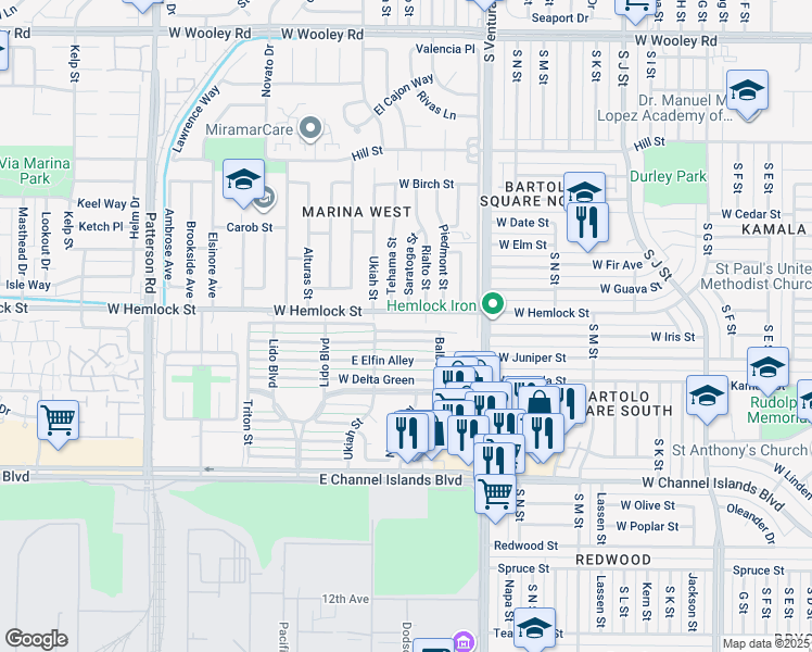 map of restaurants, bars, coffee shops, grocery stores, and more near 233 East Garden Green in Port Hueneme