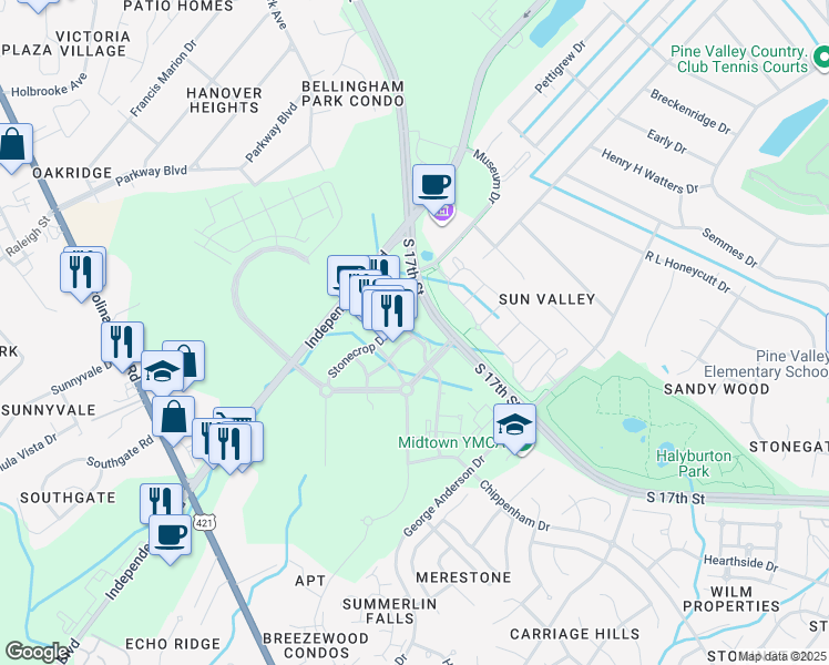 map of restaurants, bars, coffee shops, grocery stores, and more near 1499 Barclay Pointe Boulevard in Wilmington
