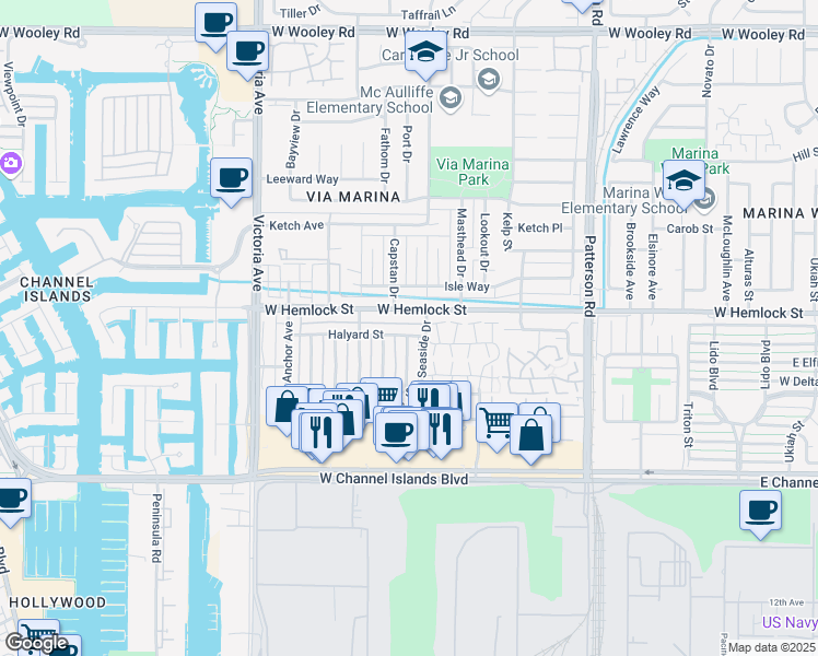 map of restaurants, bars, coffee shops, grocery stores, and more near 623 Halyard Street in Port Hueneme