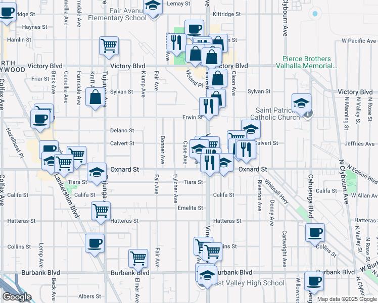 map of restaurants, bars, coffee shops, grocery stores, and more near 6044 Case Avenue in Los Angeles