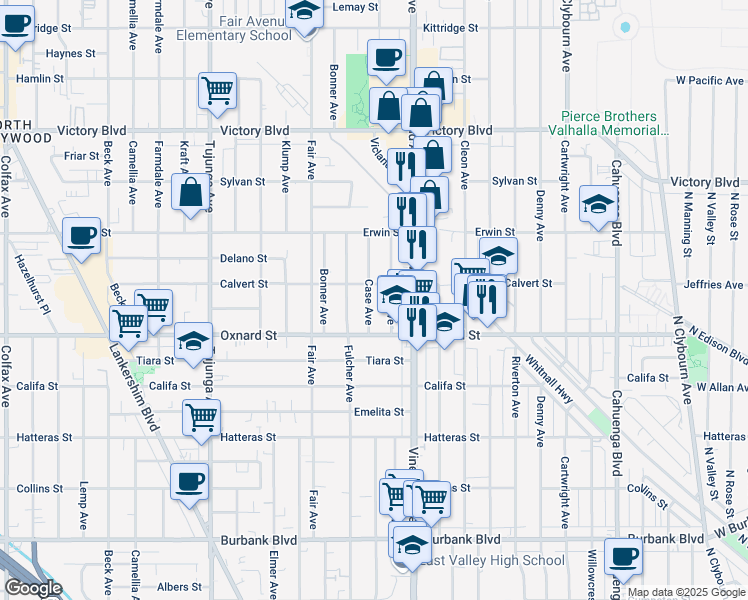 map of restaurants, bars, coffee shops, grocery stores, and more near 6044 Case Avenue in Los Angeles