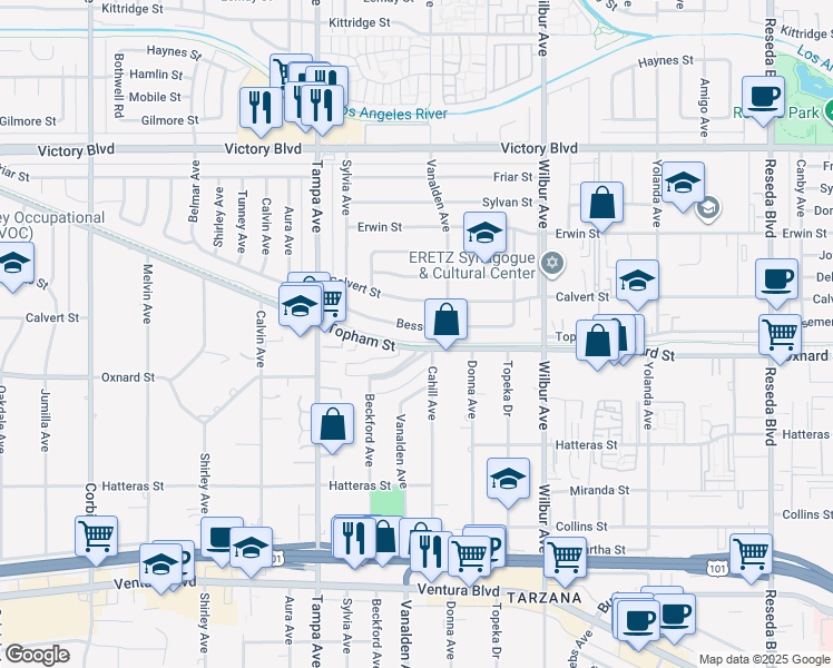 map of restaurants, bars, coffee shops, grocery stores, and more near 19132 Bessemer Street in Los Angeles