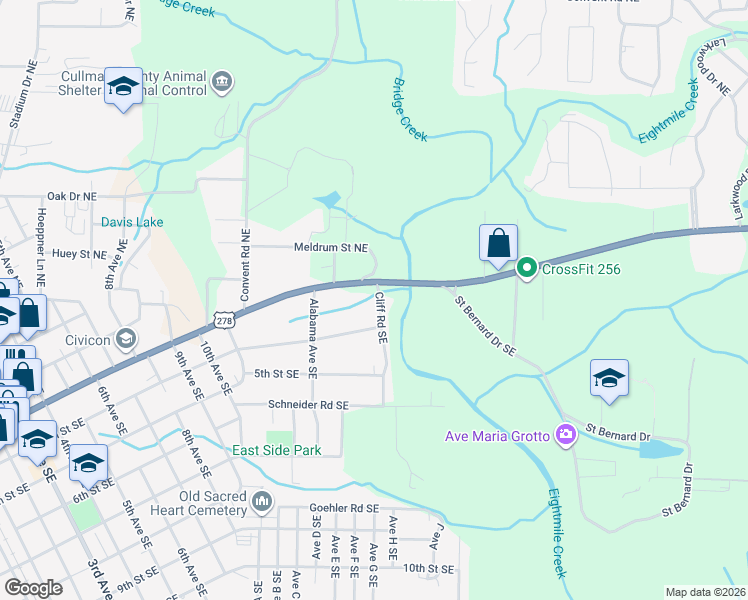 map of restaurants, bars, coffee shops, grocery stores, and more near 311 Cliff Road Southeast in Cullman