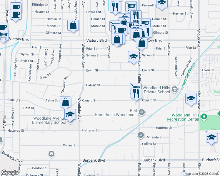 map of restaurants, bars, coffee shops, grocery stores, and more near 22960 Calvert Street in Los Angeles