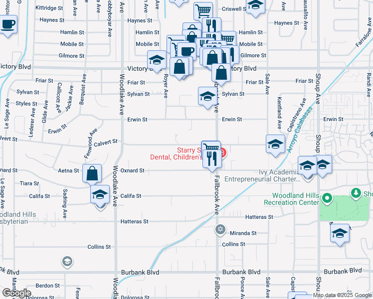 map of restaurants, bars, coffee shops, grocery stores, and more near 22914 Calvert Street in Los Angeles