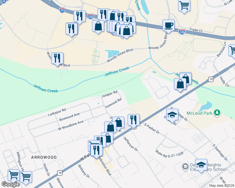 map of restaurants, bars, coffee shops, grocery stores, and more near 2706 Juniper Road in Florence