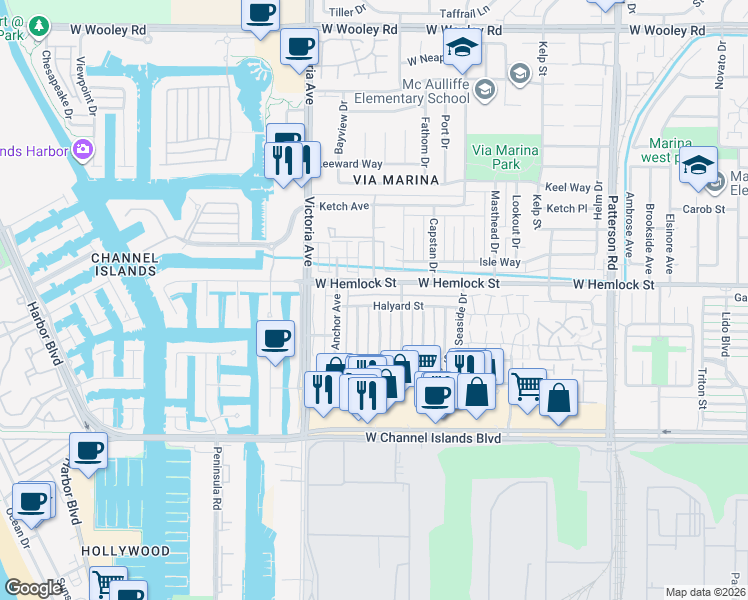 map of restaurants, bars, coffee shops, grocery stores, and more near 745 Halyard Street in Port Hueneme