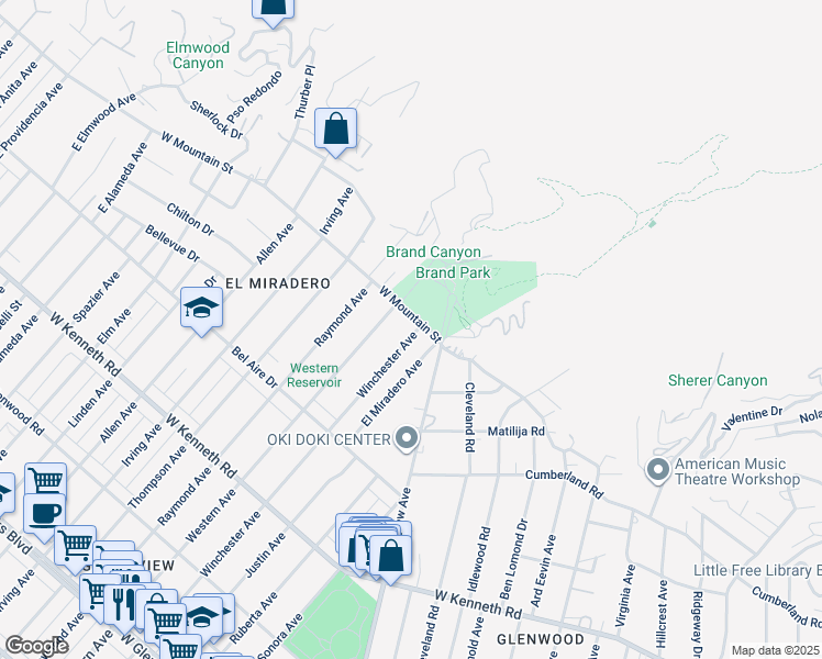 map of restaurants, bars, coffee shops, grocery stores, and more near 1559 Winchester Avenue in Glendale