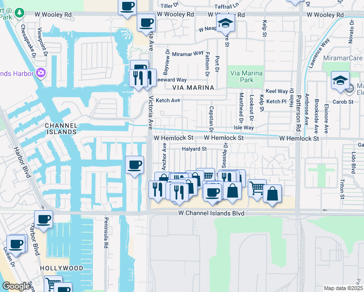 map of restaurants, bars, coffee shops, grocery stores, and more near 745 Halyard Street in Port Hueneme