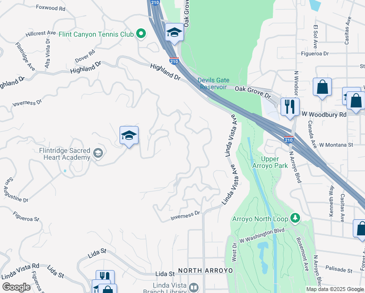 map of restaurants, bars, coffee shops, grocery stores, and more near 1525 Inverness Drive in Pasadena