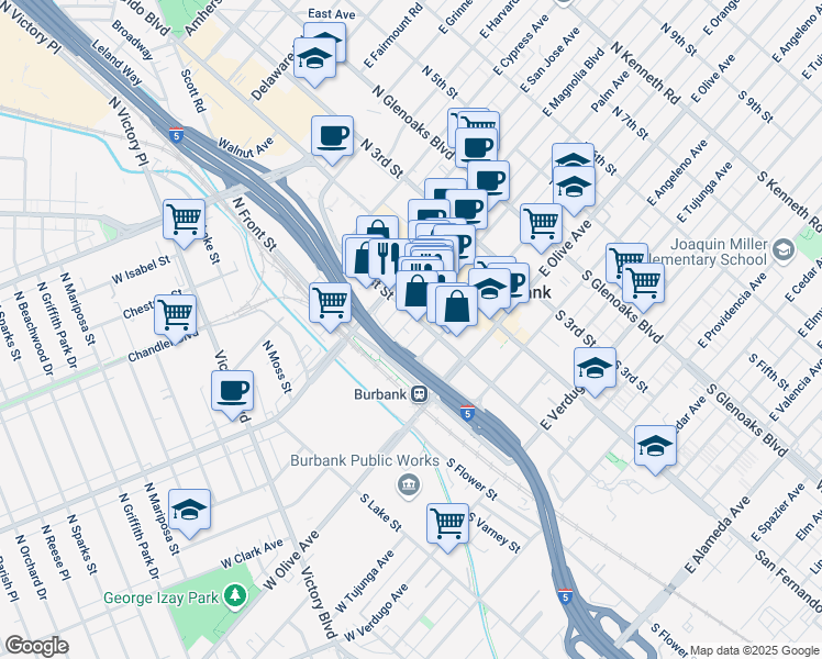 map of restaurants, bars, coffee shops, grocery stores, and more near 40 Palm Avenue in Burbank