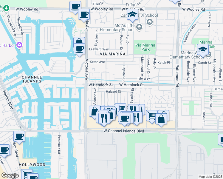 map of restaurants, bars, coffee shops, grocery stores, and more near 715 Halyard Street in Port Hueneme
