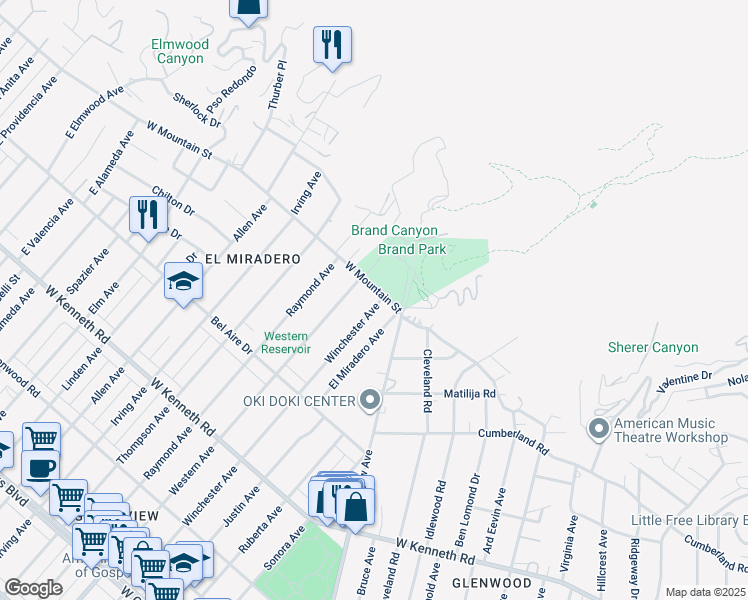 map of restaurants, bars, coffee shops, grocery stores, and more near 1559 Winchester Avenue in Glendale