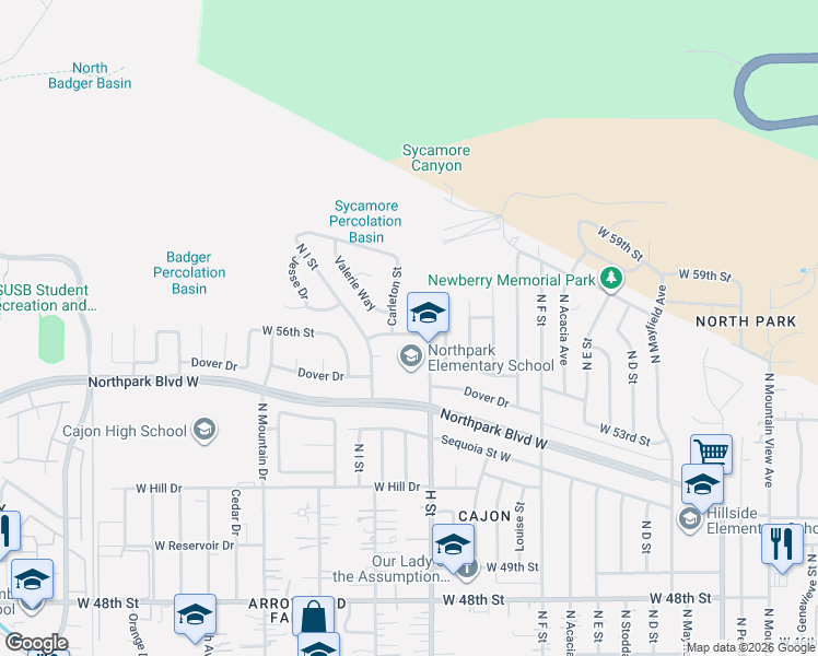 map of restaurants, bars, coffee shops, grocery stores, and more near 5604 Yosemite Drive in San Bernardino
