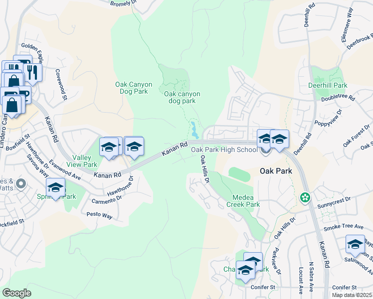 map of restaurants, bars, coffee shops, grocery stores, and more near 5560 Riodosa Trail in Oak Park