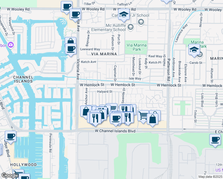 map of restaurants, bars, coffee shops, grocery stores, and more near 671 Halyard Street in Port Hueneme