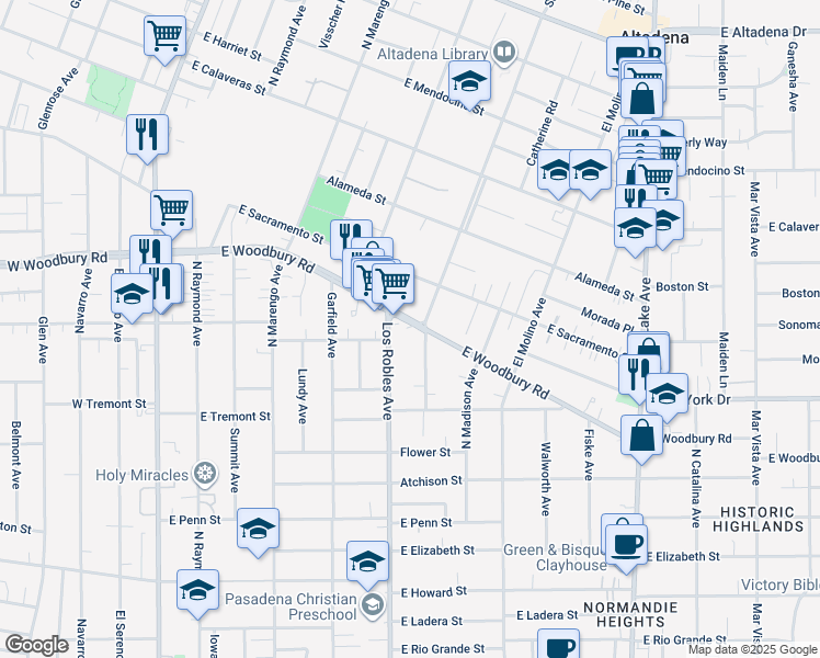 map of restaurants, bars, coffee shops, grocery stores, and more near 2010 North Los Robles Avenue in Pasadena