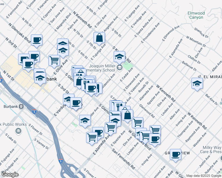 map of restaurants, bars, coffee shops, grocery stores, and more near 507 East Cedar Avenue in Burbank