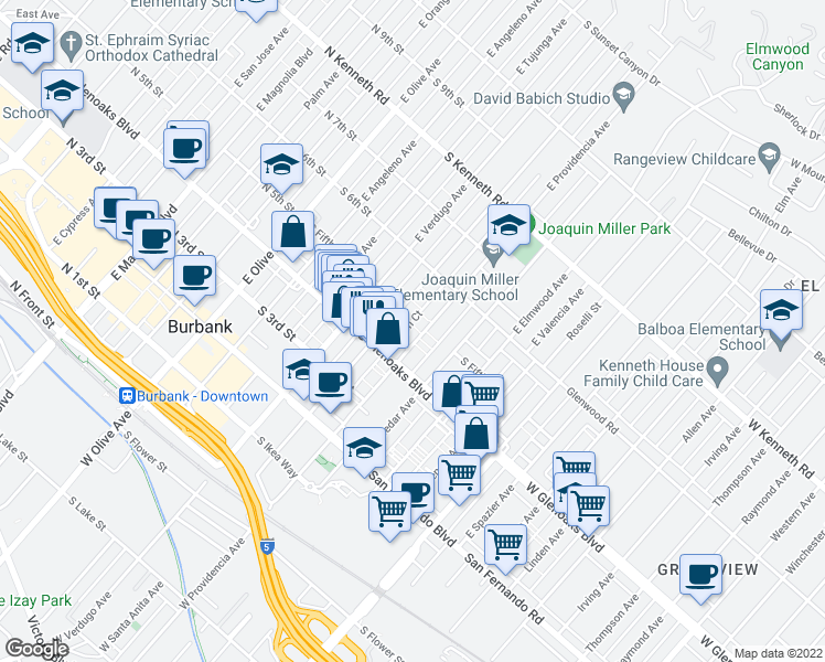 map of restaurants, bars, coffee shops, grocery stores, and more near 461 East Providencia Avenue in Burbank