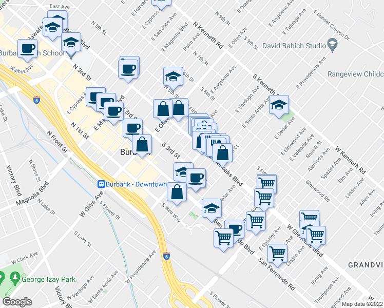 map of restaurants, bars, coffee shops, grocery stores, and more near 401 South Glenoaks Boulevard in Burbank