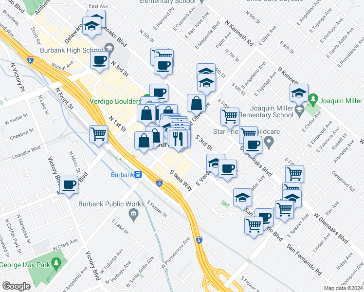 map of restaurants, bars, coffee shops, grocery stores, and more near 150 South San Fernando Boulevard in Burbank