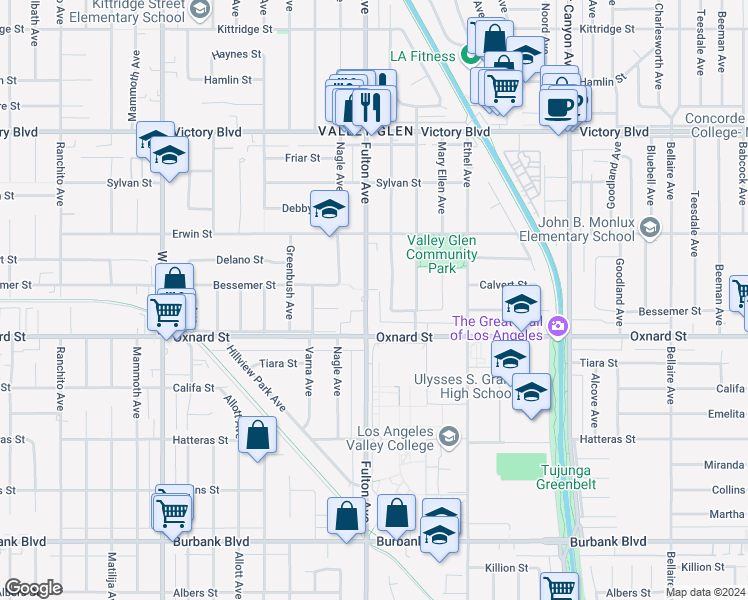 map of restaurants, bars, coffee shops, grocery stores, and more near 6034 Fulton Avenue in Los Angeles
