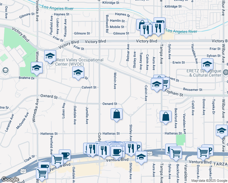 map of restaurants, bars, coffee shops, grocery stores, and more near 6034 Melvin Avenue in Los Angeles