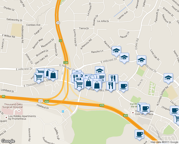 map of restaurants, bars, coffee shops, grocery stores, and more near 215 Hill Ranch Drive in Thousand Oaks