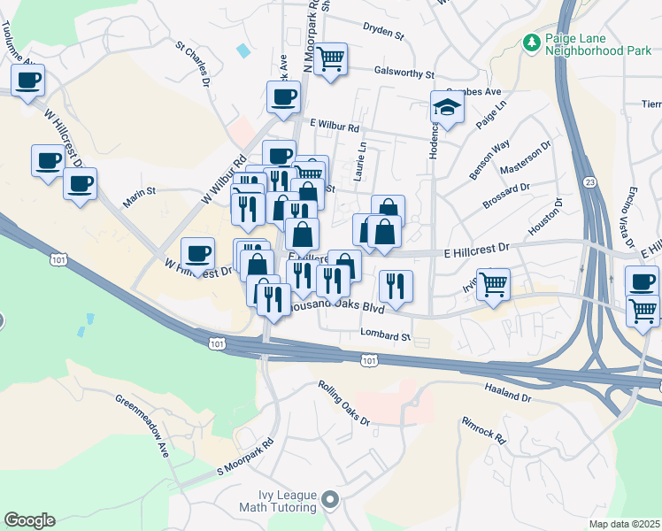 map of restaurants, bars, coffee shops, grocery stores, and more near 190 East Hillcrest Drive in Thousand Oaks