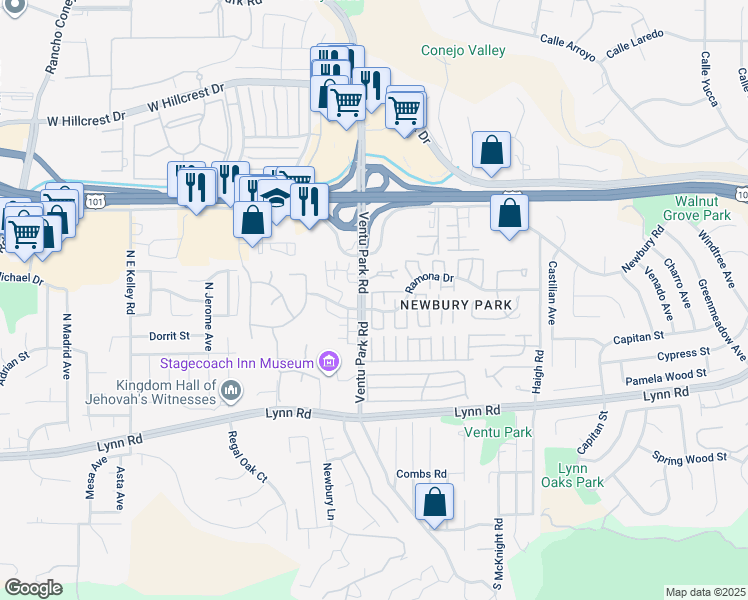 map of restaurants, bars, coffee shops, grocery stores, and more near 1457 Ramona Drive in Thousand Oaks