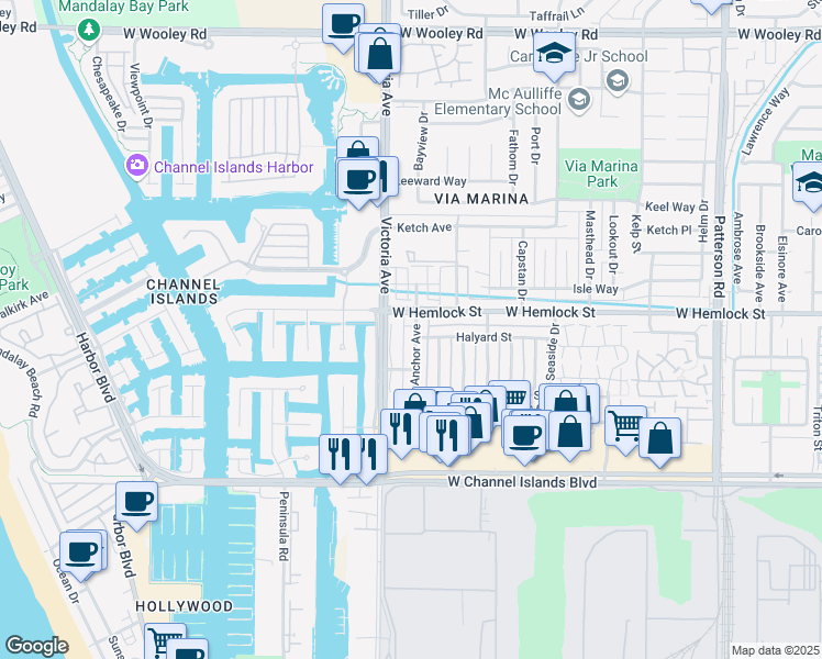 map of restaurants, bars, coffee shops, grocery stores, and more near 2660 Anchor Avenue in Port Hueneme