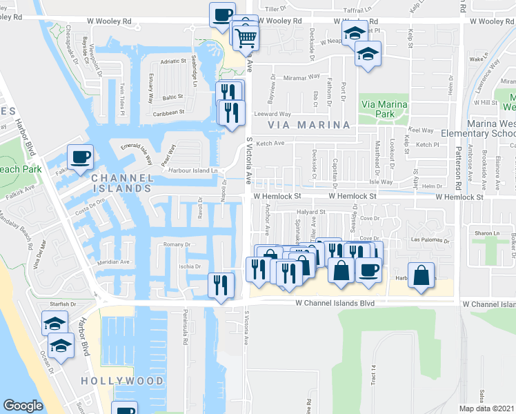 map of restaurants, bars, coffee shops, grocery stores, and more near 2660 Anchor Avenue in Port Hueneme