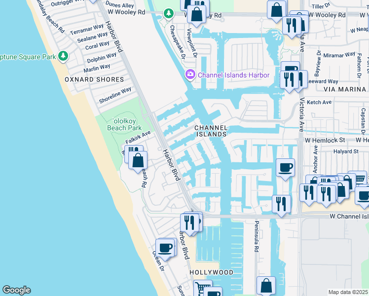 map of restaurants, bars, coffee shops, grocery stores, and more near 4545 Costa De Oro in Oxnard