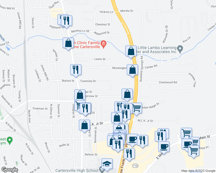 map of restaurants, bars, coffee shops, grocery stores, and more near 53 Pearl Street in Cartersville