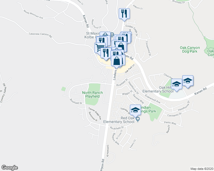 map of restaurants, bars, coffee shops, grocery stores, and more near 986 Westcreek Lane in Thousand Oaks