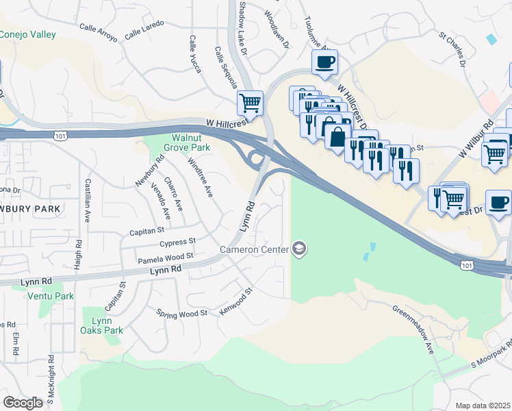 map of restaurants, bars, coffee shops, grocery stores, and more near 575 Spyglass Lane in Thousand Oaks