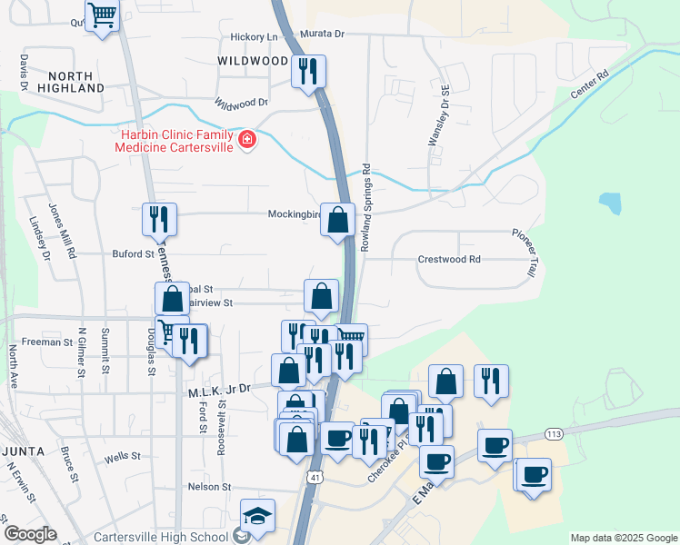 map of restaurants, bars, coffee shops, grocery stores, and more near 701 Joe Frank Harris Parkway Southeast in Cartersville