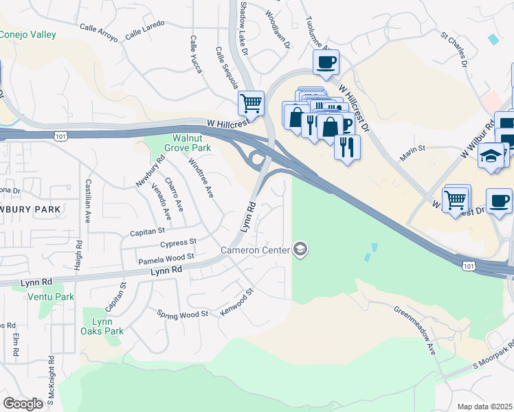 map of restaurants, bars, coffee shops, grocery stores, and more near 575 Spyglass Lane in Thousand Oaks