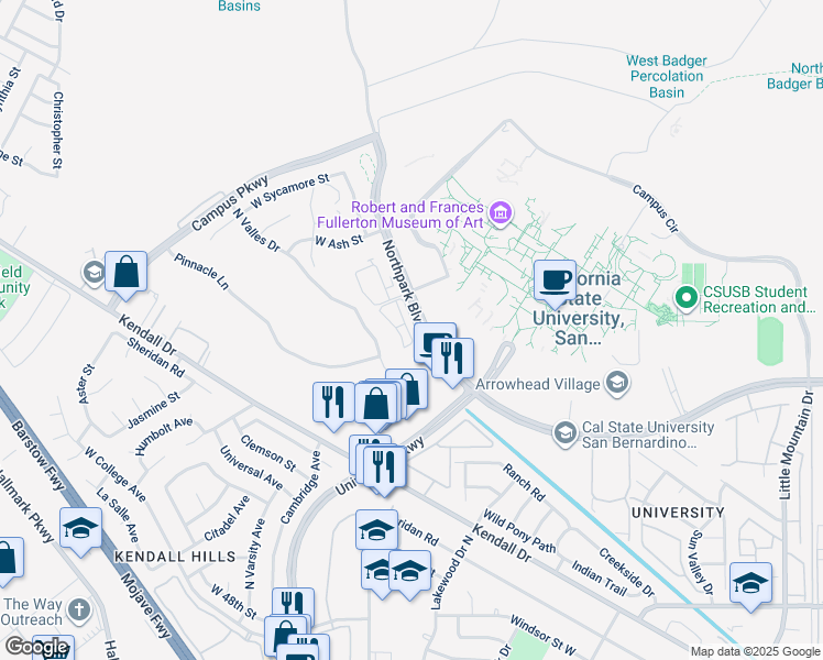 map of restaurants, bars, coffee shops, grocery stores, and more near 1831 Northpark Boulevard West in San Bernardino