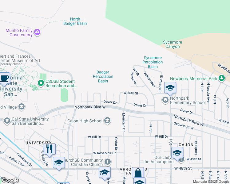 map of restaurants, bars, coffee shops, grocery stores, and more near 5564 Osborne Court in San Bernardino