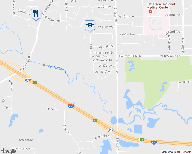 map of restaurants, bars, coffee shops, grocery stores, and more near 2408 Sheraton Park Drive in Pine Bluff