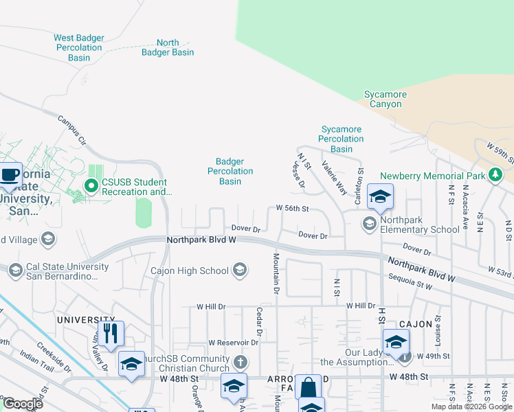 map of restaurants, bars, coffee shops, grocery stores, and more near 5564 Osborne Court in San Bernardino