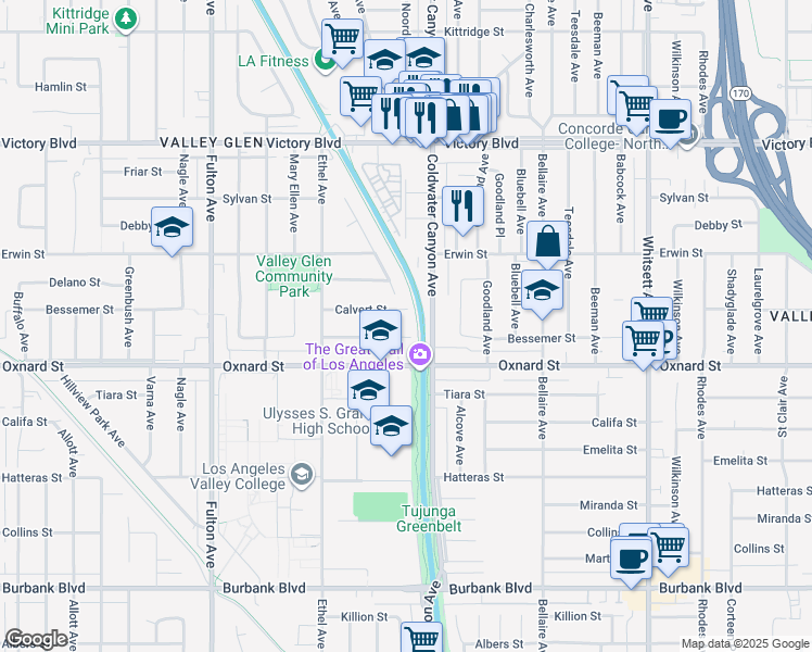 map of restaurants, bars, coffee shops, grocery stores, and more near 12921 Aetna Street in Los Angeles